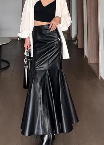 Women High Waist Faux Leather Midi Mermaid Skirt Office Evening Party Slim Fit Hem Long Skirt3