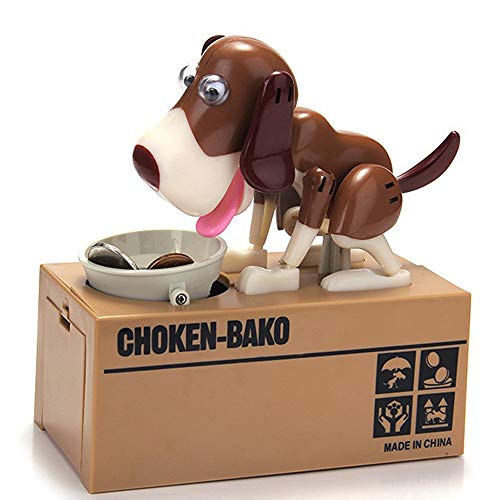 Wekity Hungry Dog Piggy Bank, Cute Dogs Steals Coins Like Magic Coin Munching Toy Money Box Birthday Gift for Kids (Brown-White)