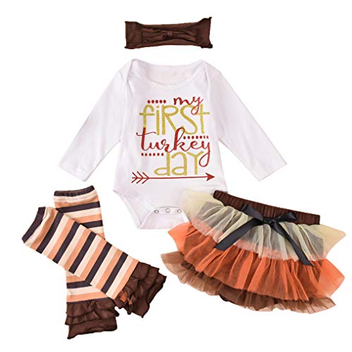 Newborn Baby Girl Thanksgiving Outfit Turkey Letter Print Romper+Tutu Skirt Shorts+Headband+Leg Warmers 4PCS Clothes Set (White First, 12-18 Months)