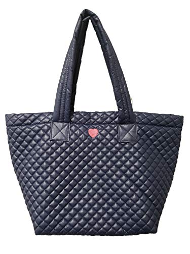 Love Heart Embroidery Comfortable Light weight Quilted Navy Tote Bag with Pouch water repellent