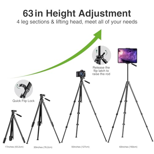 Image of elitehood 63 inch Tripod for Camera and iPad Video Recording, Compact Travel Outdoor iPad Tripod Stand, Load Capacity 8kg /17.6lbs, Compatible with DSLR and 4.7-13 inch Tablet /Phone