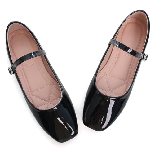 Image of TN TANGNEST Leather Flats for Women Retro Mary Jane Flats | Comfortable Square Toe Slip On Flats with Buckle Strap, Soft Work Flats Office Shoes