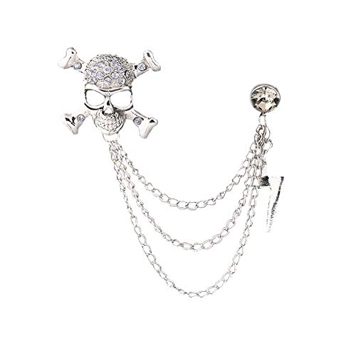 JczR.Y Vintage Skull Crossbone Rhinestone Brooch Retro Personality Crystal Lighting Chain Tassel Shirt Collar Suit Badge for Unisex Men (Anti-Silver)