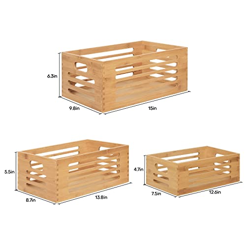 Anminy 3Pcs Natural Bamboo Wooden Storage Bins Set Desk Basket Box Hollow Striped Crates Kitchen Food Container With Handles Decorative Cloth Baby Nursey Laundry Closet Cabinet Shelf Drawer Organizer #TOP22