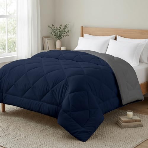 Image of AYKA Reversible AC Comforter 150 GSM Lightweight Microfiber Summer Blanket for Single Bed (60x90 Inches) | Soft Cooling Quilt, Breathable All Season Duvet for AC Room | Navyblue & Grey