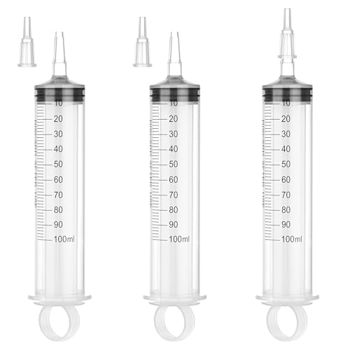 Image of 100mL Plastic Syringe for Liquid - 3 Pack Large Syringes with Adapter for Scientific Labs, Feeding, Oil Filling, Individually Wrapped