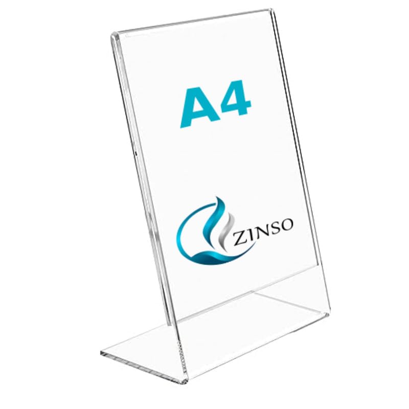 Image of ZINSO A4 L-Shaped Acrylic Sign Holder Portrait Style Menu Ad Frame Display Stand Table Top Perfect for Restaurants, Promotions, Photo Frames, Classroom (3PC)