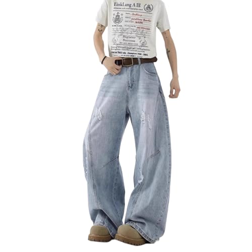 Baggy Jeans Men Frayed Washed Barrel Jeans Men Vintage Casual Streetwear for Skater Wide Leg Parachute Denim Pants