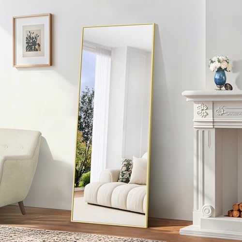 BONEWEI Specchio da Terra 165x60 cm, Specchio Rettangolare a Figura Intera con Cornice in Alluminio Dorato, moderno grande specchio da parete in piedi o da appendere, per Soggiorno, Spogliatoio