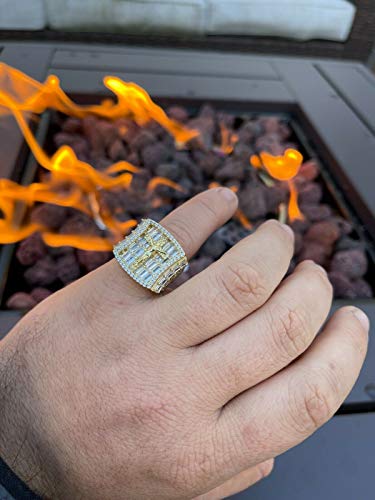 Men's Hip Hop Ring - Solid 925 Sterling Silver 14k Gold Finish - Fully Iced Baguette Mens Ring - Jesus On Cross Christian Design3
