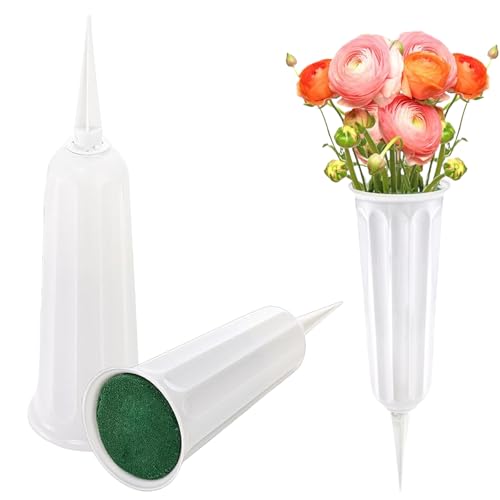 Nurila Pack of 2 Grave Vases with Floral Foam, Grave Vase with Ground Spike, 25 x 7.4 cm, Grave Vases, Weather-Resistant Grave Decoration, Vase Cemetery Graves, Yards, Garden Decorations (White)
