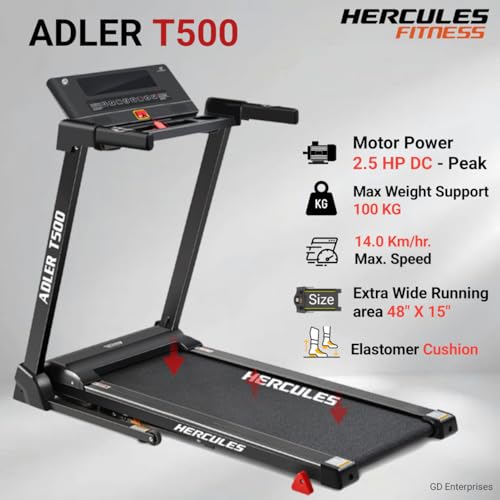 Image of Hercules T500 2.5HP DC Motor Treadmill with 14km /hr Speed, 100kg Max User Weight, 3-Level Manual Incline, Free Installation Assistance