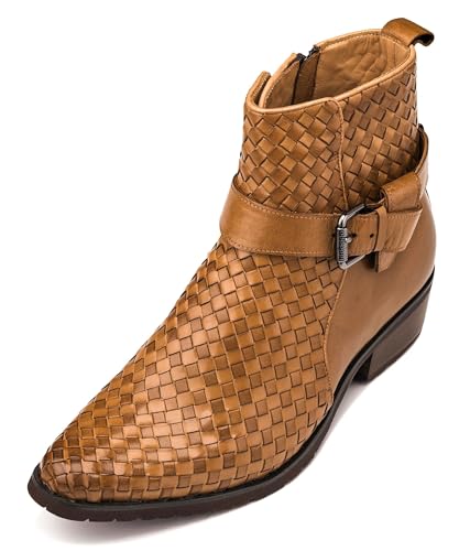 CALTO Men's Invisible Height Increasing Elevator Shoes - Light Brown Premium Leather Woven Ankle Buckle Zipper Boots - 3.3 Inches Taller - K30524 - Size 9 D(M) US