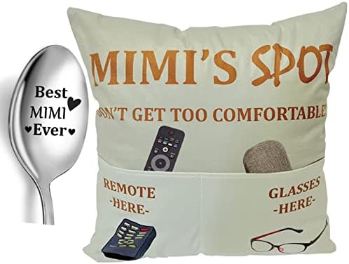 Mimi Gifts 2-Pocket 2-Sided Mimi’S SPOT Throw Pillow Covers 18x18 Inch + Mimi Ever Engraved Spoon, Birthday Stocking Stuffers Gifts for Grandma Mom Nana Mimi Grandmother
