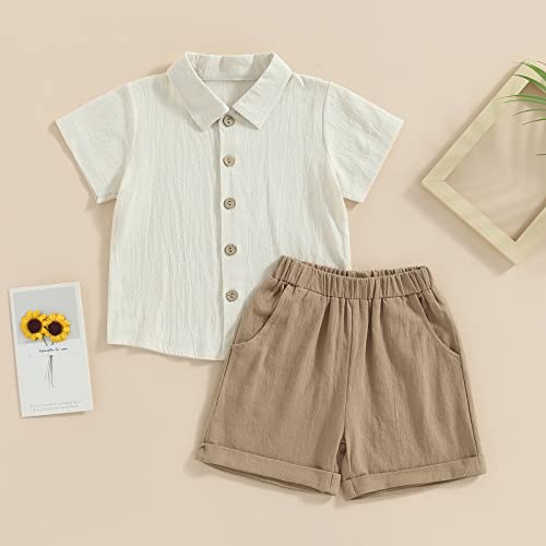 Karuedoo Toddler Baby Boy Clothes Cotton Linen Short Sleeve Button Down Shirt Shorts Set 2Pcs Summer Outfits (A-Beige Khaki, 18-24 Months) #TOP1