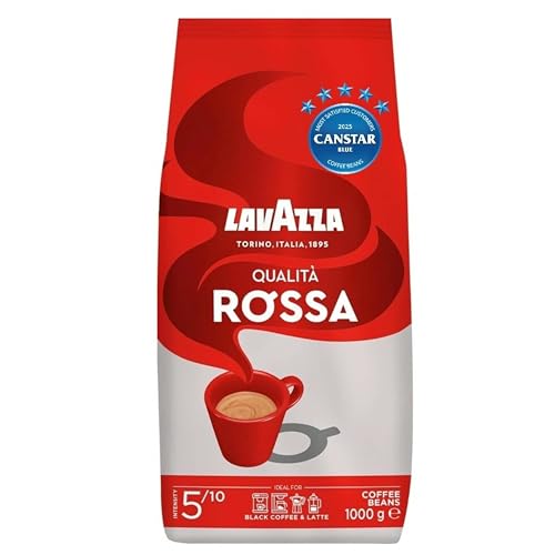 Lavazza, Qualità Rossa, Café en Grano Natural, Ideal para la Máquina de Café Espresso, con Notas Aromáticas de Chocolate y Frutos Secos, Arábica y Robusta, Intensidad 5, Tueste Medio, Paquete de 1 kg