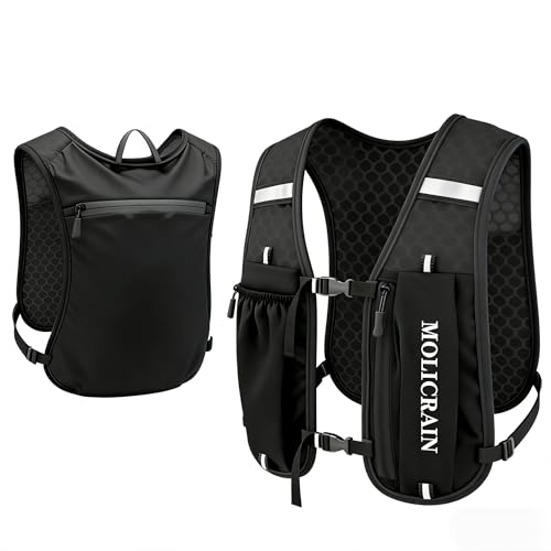 MOLICRAIN Running Hydration Vest Backpack, Lightweight & Breathable Running Vest Phone Holder for Women Men, 5L Hydration Pack for TrailRunning Hiking Cycling Marathon(Black)