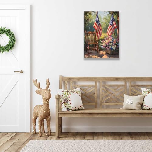Image of American Flag Wall Art - Vintage Patriotic Canvas Print, Framed 4th of July Decor for Home & Garden, Rustic Farmhouse USA Flag Sign