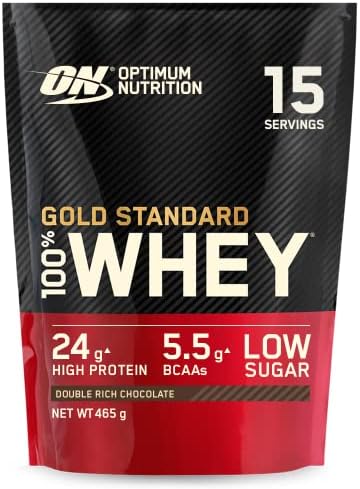 Optimum Nutrition Gold Standard 100% Whey, Koncentrat Białka Serwatkowego, Izolat i Hydrolizat Serwatki, Aminokwasy BCAA, Glutamina, Wzrost i Naprawa Mięśni, Smak Lody Waniliowe, 15 porcji, 450g