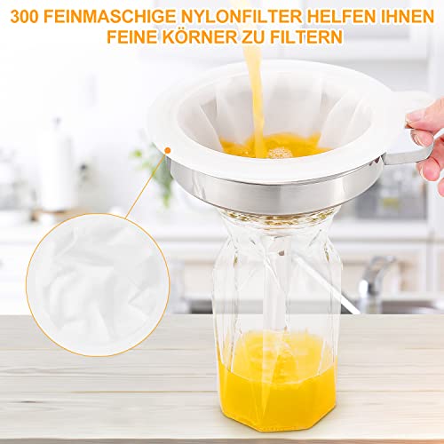 Foto von Aukiita 5 Zoll Trichter Edelstahl, 2 Stück Trichter Küche mit 300 Mesh Filter Reinigungsbürste und Abnehmbarem Sieb, Küchentrichter Set mit Henkel, für die Übertragung von Flüssigen Zutate