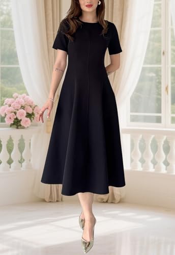 RomMoon Women's Summer Round Neck Midi Dress Short Sleeve Fit and Flare Elegant A-Line Business Swing Dresses Black — view 3