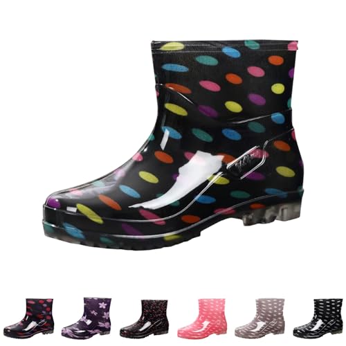 Vintage Punkte Gummistiefel Winter Damen 39 38 37 40 36 Regenstiefeletten Damenstiefel Wasserdichte Heeled Buckle Toe Middle Shoe Round Rain Damenstiefel Weiße Schuhe Damen mit Absatz Gelb Armee grün