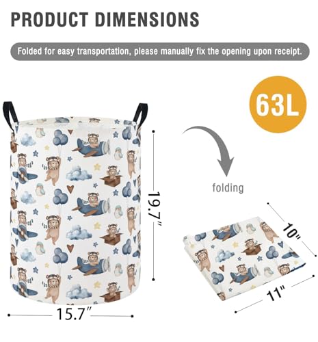 Image of Baby Laundry Hamper Basket Baby Hamper for Nursery Boy and Girl Cute Storage Bin Organizer Boho Room Decor(Bear Pilot)