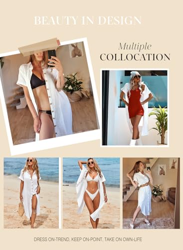 Dokotoo Swimsuit Bathing Suit Cover Up for Women Swimwear 2026 Fashion Summer Dresses Button Down Long Kimonos Cardigan Beach Vacation Clothes Short Sleeve Side Split Casual Solid Coverups White M