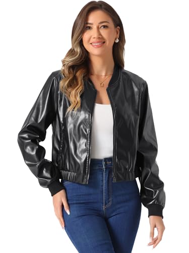 Blouson bomber en similicuir femme veste mi-saison noire zippée aviateur