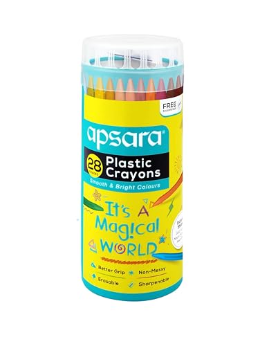 Image of Apsara Plastic Crayons-28 Shades,Smooth & Bright Colours,Better Grip,Non-Messy,Erasable,Sharpenable,Free Sharpner,1 Pc Pack,Ink Color-Multicolor