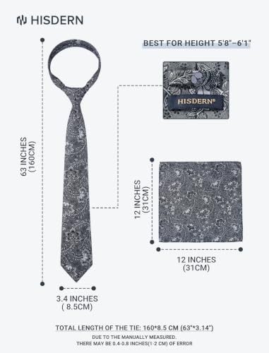 Image of HISDERN Extra Long Ties for Men Classic Floral Tie and Pocket Square Elegant Silk Necktie Handkerchief Set Wedding Party