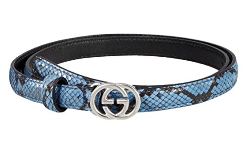 Gucci Women's Light Blue Python Interlocking GG Buckle Skinny Belt, 36, Blue
