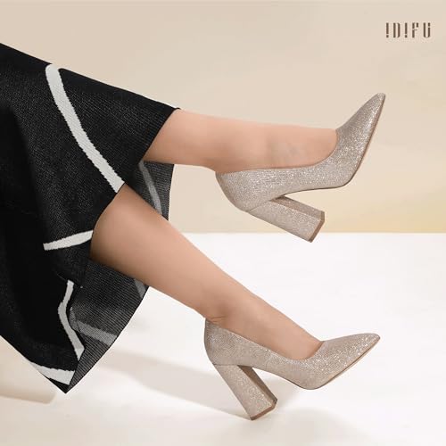 IDIFU IN4 Women's Pumps - Closed Toe Heels with Chunky Block Heels - Thick Pointed Toe Dress Shoes for Women - Wedding, Prom, Bridal, Office, Business - Comfortable, Formal, Fashion, Classic Pumps3