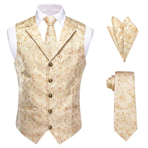 Men’s Silk Tuxedo Vest Set Formal Waistcoat with Necktie, Pocket Square & Cufflinks for Wedding or Business Party