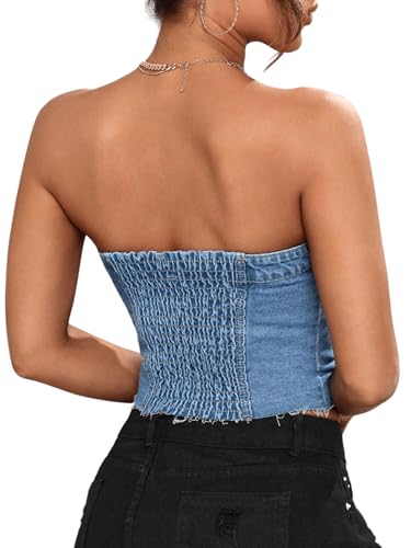 SweatyRocks Women's Button Up Strapless Denim Crop Top Y2k Jean Tube Tops2