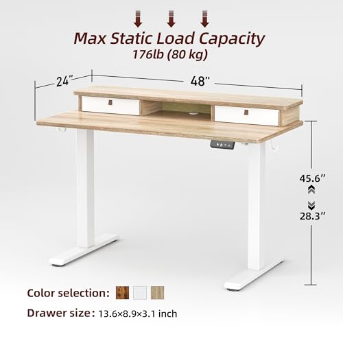 TIQLAB 48 * 24 Inch Standing Desk with Two Drawers, Stand Up Standing Desk Adjustable Height, Electric Sit Stand Table with Storage Shelf and Splice Board, Maple - Image 4