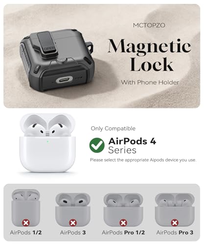 Image of for AirPods 4 Case with Lock (Gray) | Compatible with MagSafe,with Phone Stand,with Automatic Snap Switch Carbon Fiber Design Protection Cover with Cleaning Pen