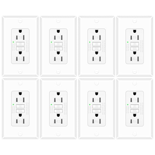 8 Pack 15 Amp GFCI Outlet, Self-Test Ground Fault Protector with LED Indicator, Tamper Resistant GFI Electrical Receptacle, ETL Certified, Wallplate Included, White
