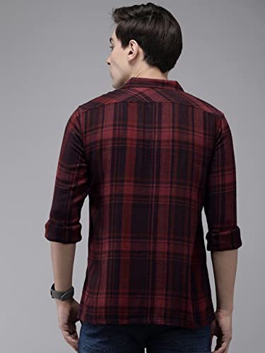 Image of THE BEAR HOUSE Men's Cotton Heavy Weight Maroon Tartan Checked Flannel Casual Shirt | L |TBH-Ursus-MR-L |