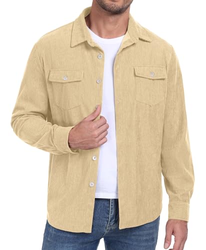 Image of Askdeer Men's Corduroy Button Down Shirts Long Sleeve Casual Shacket Jacket Western Corduroy Shirt Jacket with Flap Pockets