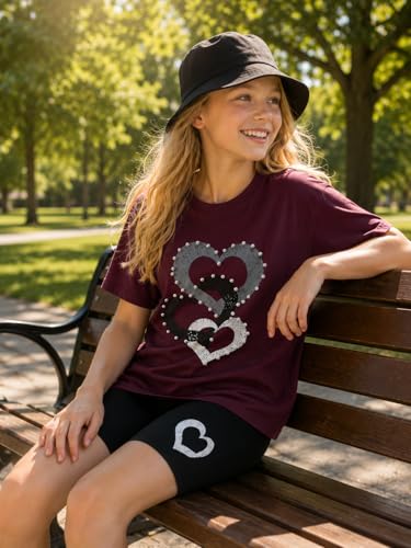 Image of 9-16Y Tween Girl Clothes 2 Piece Short Sleeve Heart Print Top and Shorts Teen Girl Summer Outfits Short Set