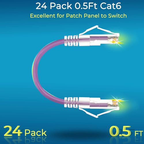 Image of Rapink Patch Cables Cat6 / Cat6a 0.5ft (24 Pack) Slim, Cat6a Ethernet Patch Cable 10G Support, Snagless Cat 6 Patch Cable for Patch Panel to Switch, Flexiable Cat6 Ethernet Cable Purple