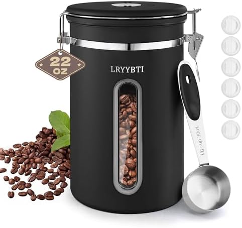 Coffee Canisters with Window,Scoop and Airtight Lid Stainless Steel Kitchen Bean Storage Grounds Container(22OZ/Black)Date Tracker and Scoop for Grounds Coffee Bar Accessories Beans, Cereal, Sugar