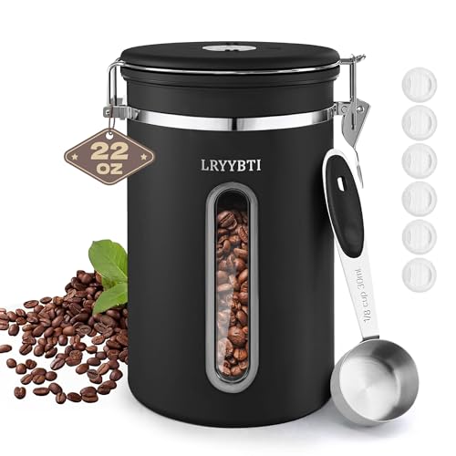 Coffee Canisters with Window,Scoop and Airtight Lid Stainless Steel Kitchen Bean Storage Grounds Container（22OZ/Black)Date Tracker and Scoop for Grounds Coffee Bar Accessories Beans, Cereal, Sugar