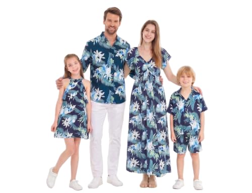 Image of Family Matching Hawaiian Clothes, Orchid Breeze Navy | Lightweight 100% rayon • Family matching outfits • Beach vacations • Luaus • Cruises • Family photos