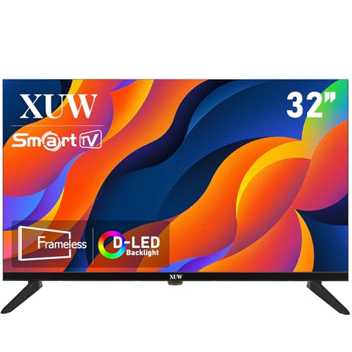 XUW 32 inch HD Smart TV, D-LED backlight Television, Borderless Design,HDMI USB DVB-T2/S2 RJ45 Interface, large screen for living room, bedroom, home entertainment - black