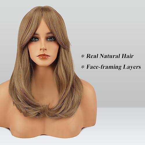 Image of FESHFEN Blonde Wigs with Bangs, Synthetic Natural Looking Mixed Blonde Long Layered Straight Hair Wig for Women Daily Party Use, 18 inch