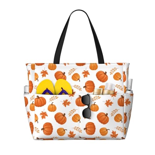Large Beach Bags Water-resistant Sandproof - maple pumpkin Cute Beach Tote Bags for Women with Zipper