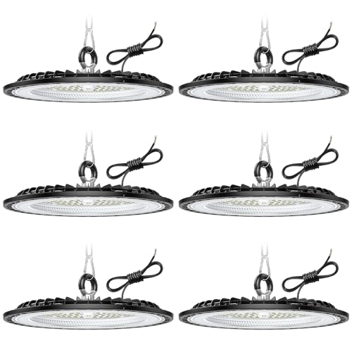 6 pacotes de 100 W UFO LED candeeiro de alta baía, 15000 LM holofotes LED interior teto, 6000 K iluminação de armazenamento branco frio, IP65 impermeável candeeiro industrial para pátio, garagem