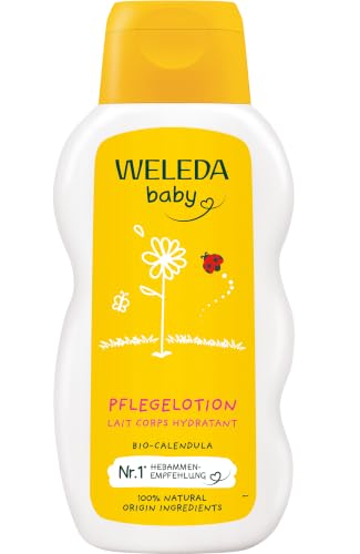 WELEDA Bio Baby Calendula Pflegemilch - Naturkosmetik Bodylotion mit Mandelöl & Bienenwachs zur Pflege & Reinigung von trockener Baby Haut. Milde Hautpflege Lotion für Babys und Kinder (1x 200ml)